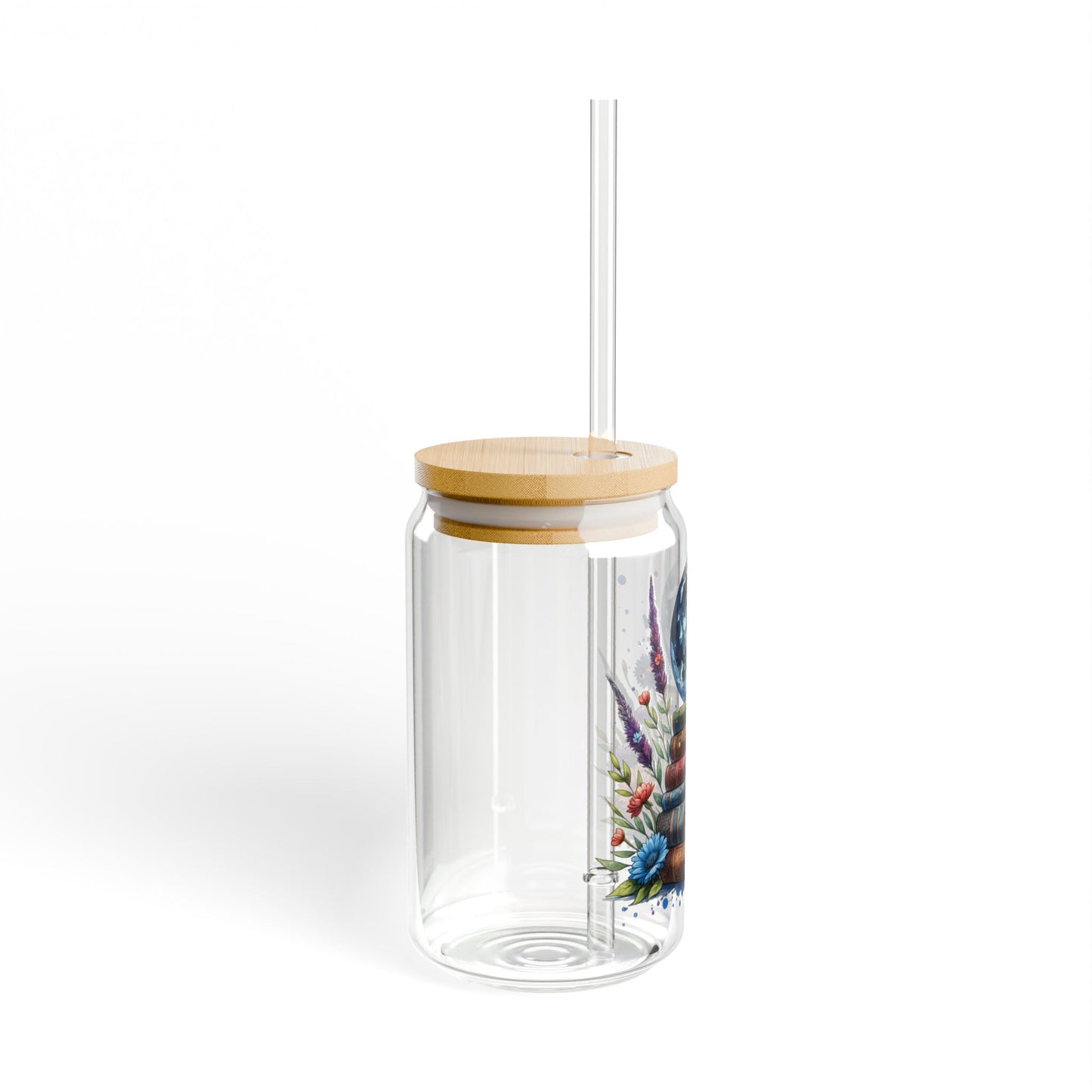16oz Glass Sipper Tumbler — Bookstack Moon Design (Eco Bamboo Lid & Straw)