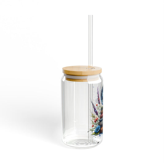 16oz Glass Sipper Tumbler — Bookstack Moon Design (Eco Bamboo Lid & Straw)