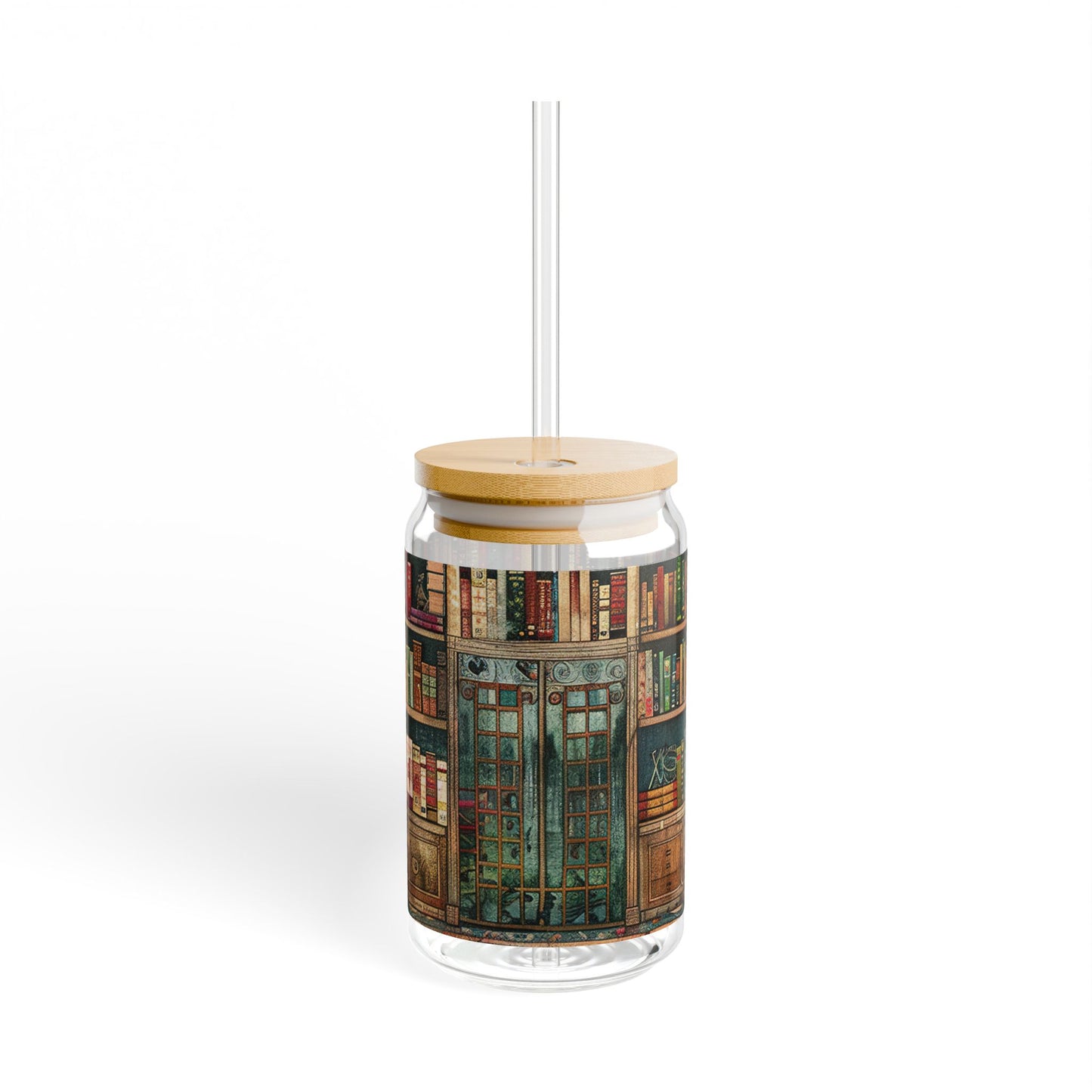 16oz Glass Sipper Tumbler — Library Bookshelf Design (Eco Bamboo Lid & Straw)