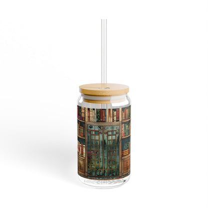 16oz Glass Sipper Tumbler — Library Bookshelf Design (Eco Bamboo Lid & Straw)