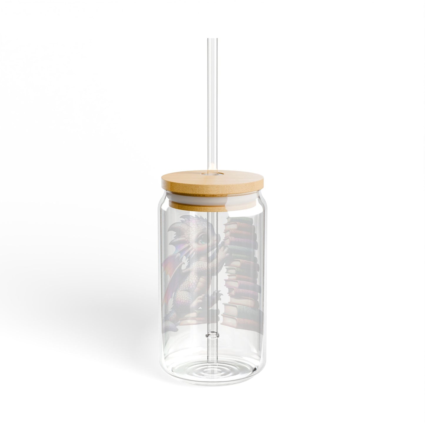 16oz Glass Sipper Tumbler — Cute Baby Dragon & Books Design (Eco Bamboo Lid & Straw)