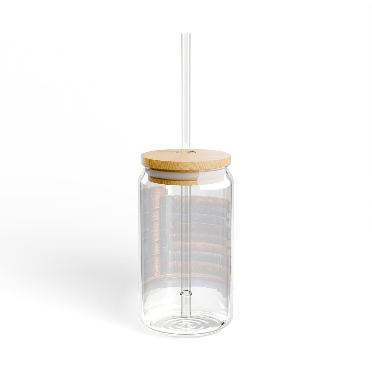 16oz Glass Sipper Tumbler — Vintage Book Stacks Design (Eco Bamboo Lid & Straw)