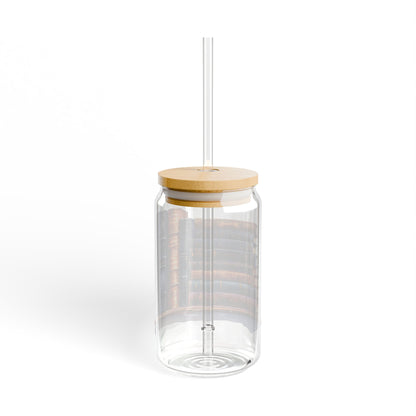 16oz Glass Sipper Tumbler — Vintage Book Stacks Design (Eco Bamboo Lid & Straw)
