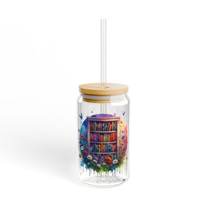 16oz Glass Sipper Tumbler — Floral Bookshelf Design (Eco Bamboo Lid & Straw)