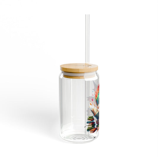 16oz Glass Sipper Tumbler — Colorful Baby Dragon Reading Design (Eco Bamboo Lid & Straw)