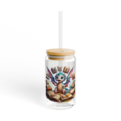16oz Glass Sipper Tumbler — Book Dragon Design (Eco Bamboo Lid & Straw)