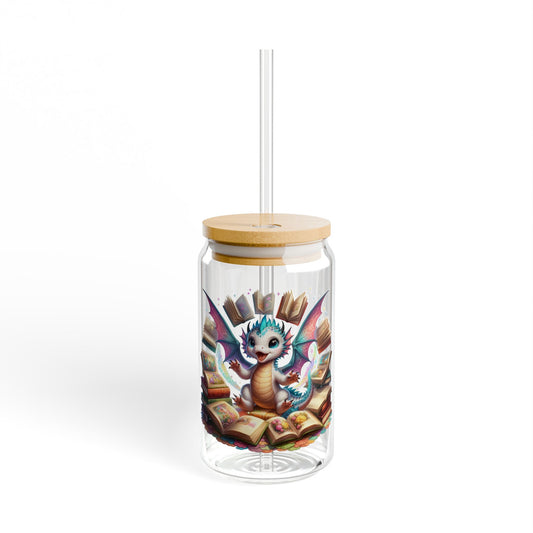 16oz Glass Sipper Tumbler — Book Dragon Design (Eco Bamboo Lid & Straw)