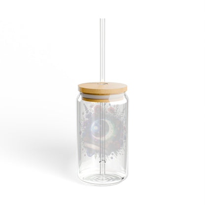 16oz Glass Sipper Tumbler — Cosmic Moon Floral Design (Eco Bamboo Lid & Straw)