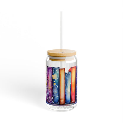 16oz Glass Sipper Tumbler — Colorful Watercolor Bookstack Design (Eco Bamboo Lid & Straw)