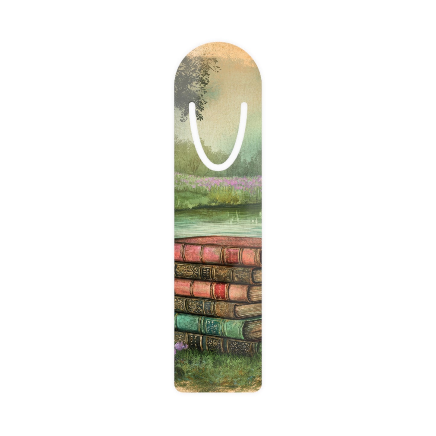 Vintage Stacked Books Bookmark — Scenic Literary Reading Clip