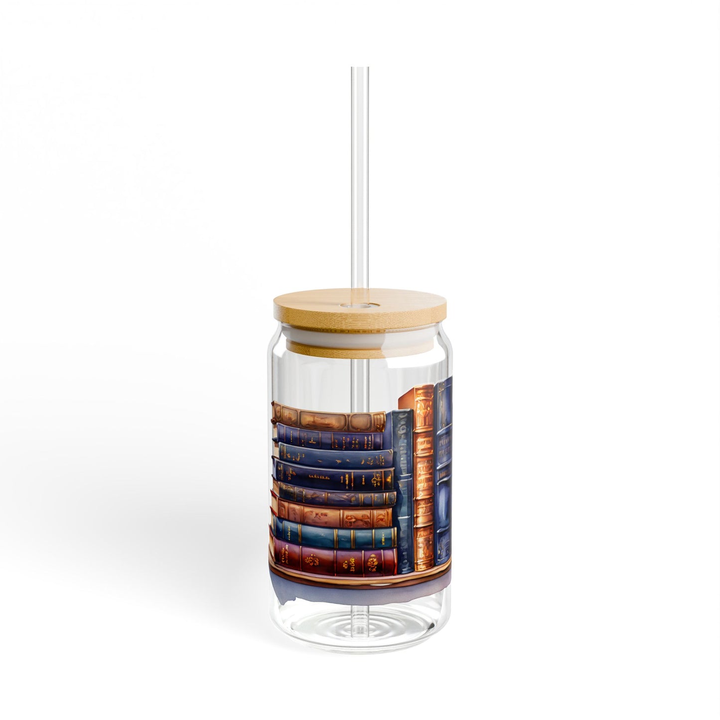 16oz Glass Sipper Tumbler — Vintage Book Stacks Design (Eco Bamboo Lid & Straw)
