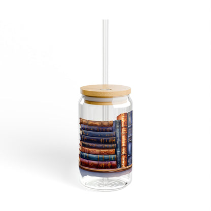 16oz Glass Sipper Tumbler — Vintage Book Stacks Design (Eco Bamboo Lid & Straw)