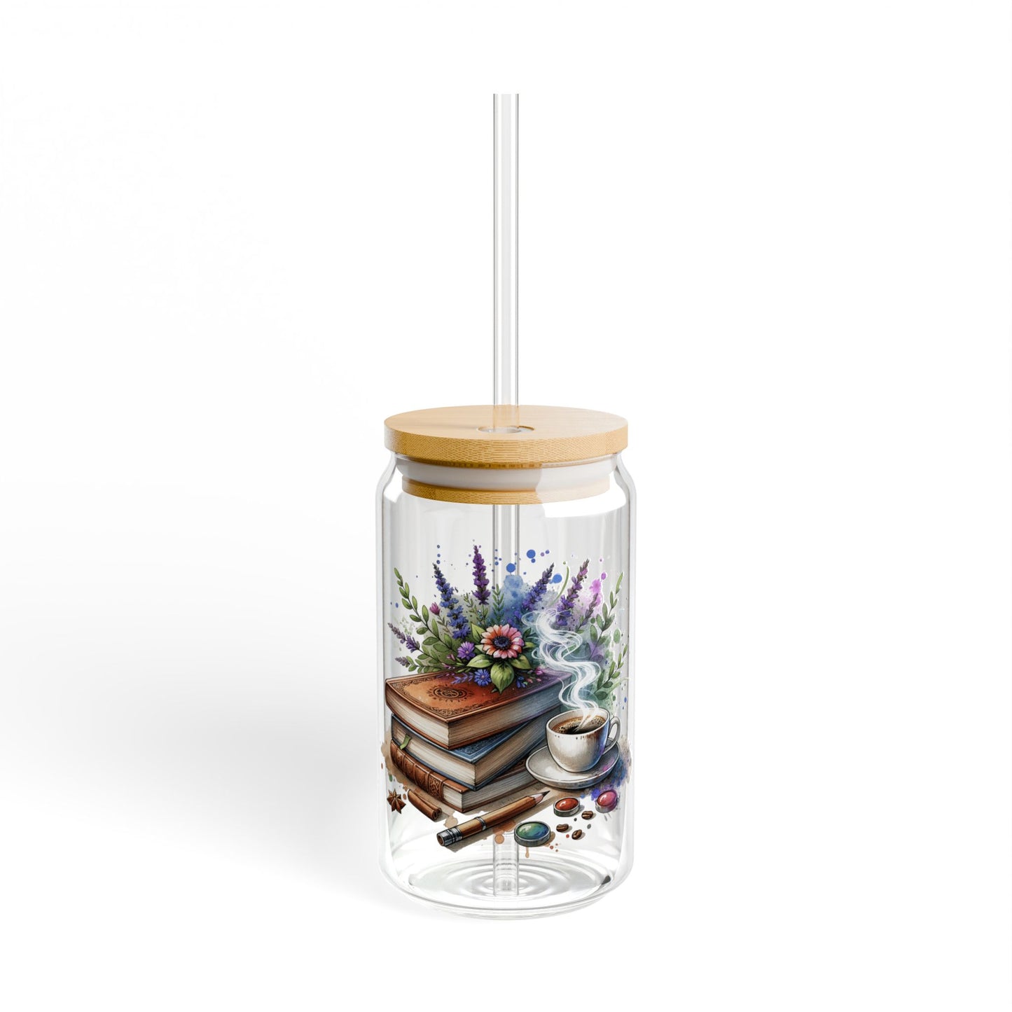16oz Glass Sipper Tumbler — Lavender, Coffee, and Books Design (Eco Bamboo Lid & Straw)