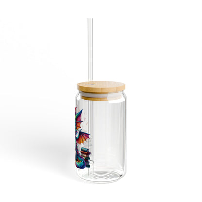 16oz Glass Sipper Tumbler — Colorful Baby Dragon Reading Design (Eco Bamboo Lid & Straw)