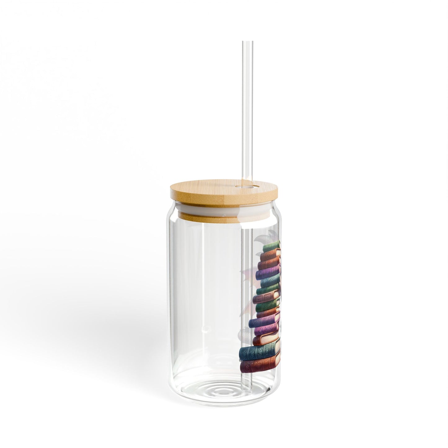16oz Glass Sipper Tumbler — Cute Baby Dragon & Books Design (Eco Bamboo Lid & Straw)